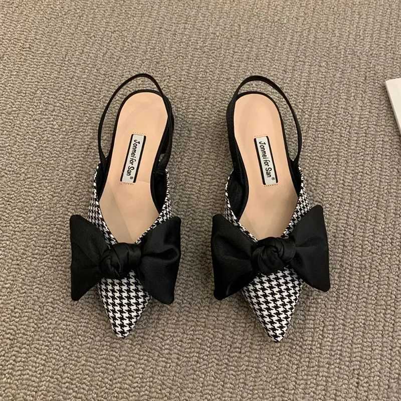 Womens Pumps Fi Pointed Toe Bowknot Slingbacks Pumps Plaid Polka Dots Heels Slip Small Heel Sandals Casual Thin ShoesXJ251027