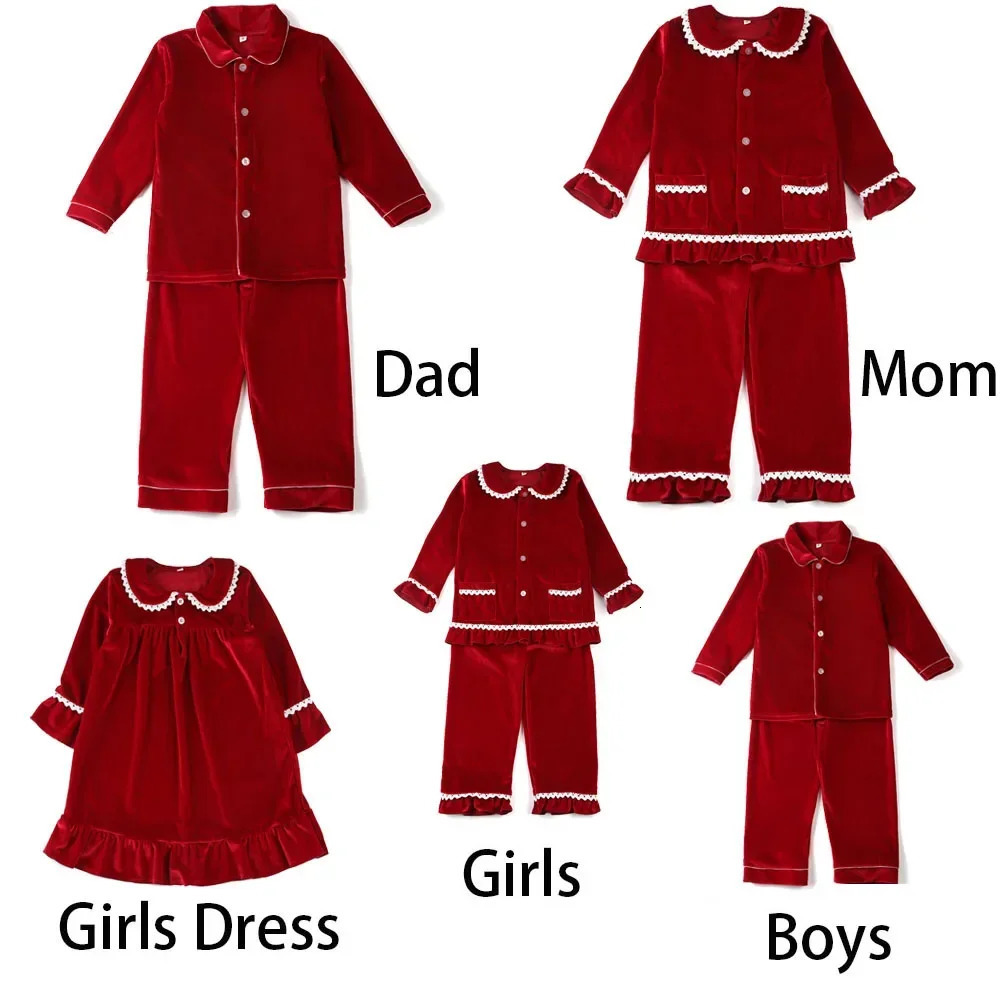 Christmas Kids Sibling set Pajamas Baby Clothes Family Matching Red Navy Green Velvet Boys And Girls Ruffle Pyjamas Sets 251023