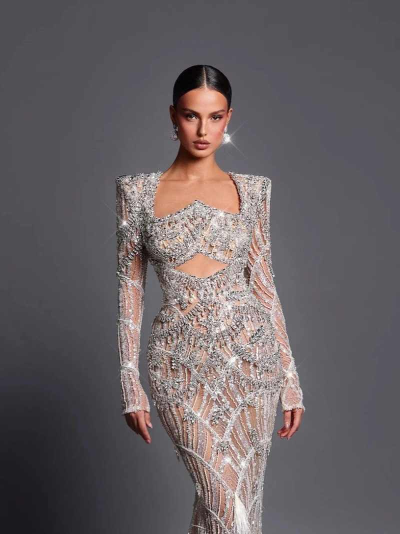 Luxury Mermaid Evening Long Sleeve Crystal Rhinestone Feather Prom Dresses Celebrity Feathers Customized Vestidos De Novia