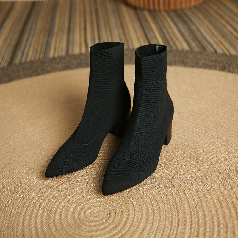 Pointed Toe Knitted Cotton Short for Women, Chunky Slim High Heel Women's Boots, Autumn Winter Boots