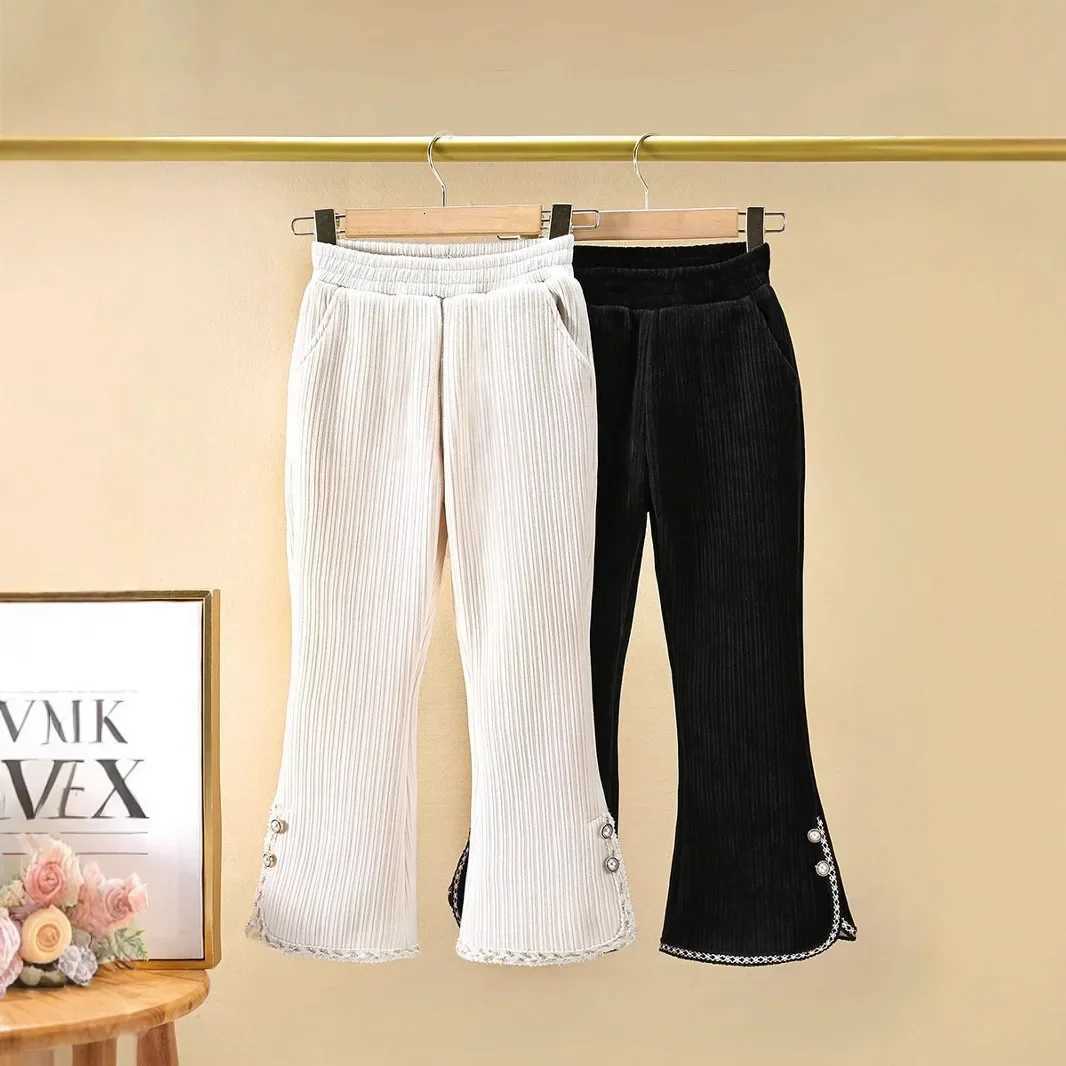 2025 Winter Girls Chenille Flared Pants Thick Fleece Lined Bell Bottoms with Lace Trim Warm Cute Casual TrousersT251027
