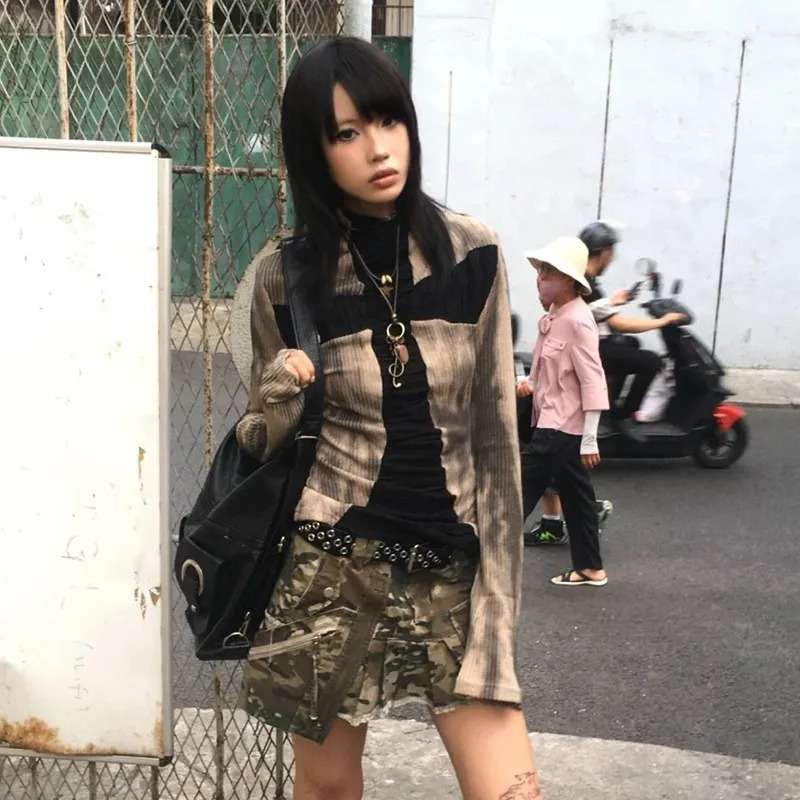 Karrram Japanese Y2k Ribbed Tops Vintage Harajuku Cross Print Tshirt Grunge Aesthetics Long Sleeve Patchwork Tops Trashy 2000s 251027