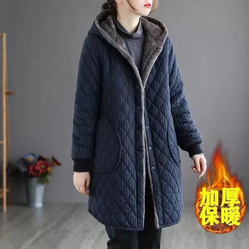 Autumn Winter Striped Cotton Jacket Women Warm Plush Thicken Hooded Coat Fashion Loose Female Casual Long Overcoat 251027