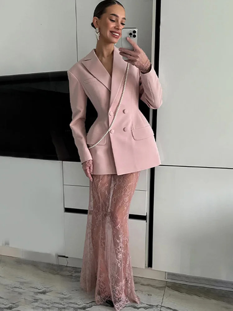 HH Women Fashion Lapel DoubleBreasted Waistclosing Blazer CoatTranslucent Rear Zipper Aline High Waist Skirt Set 251023