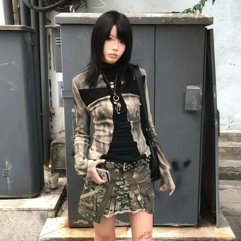 Karrram Japanese Y2k Ribbed Tops Vintage Harajuku Cross Print Tshirt Grunge Aesthetics Long Sleeve Patchwork Tops Trashy 2000s 251027