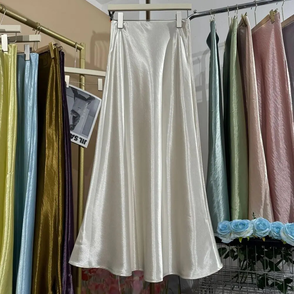 19 Colors 2026 In Women Spring Summer Gloss Satin Long Skirts Female Fashion Elegant High Waist Faldas 251027