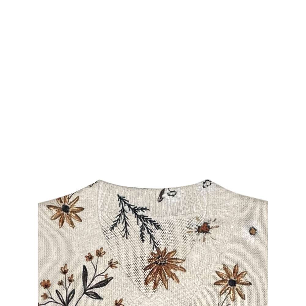 Women's 3D Print V-Neck Sweater - Fashion All-Over Brown Beige Floral Pattern, Soft All-Season Versatile Casual & Wear, Cute Sweater, Formal Atti