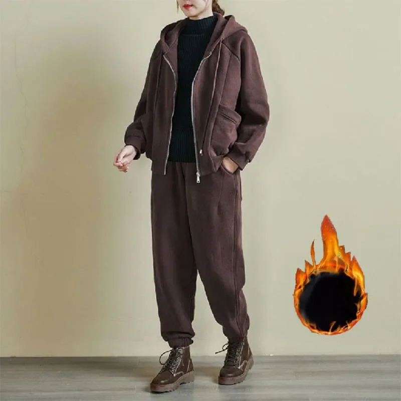 Women Clothing Sets Zipper HoodiesHarem Pants 2Pcs Suit Solid Color Autumn Winter Fleece Thicken Warm Female Casual Tracksuit 251027
