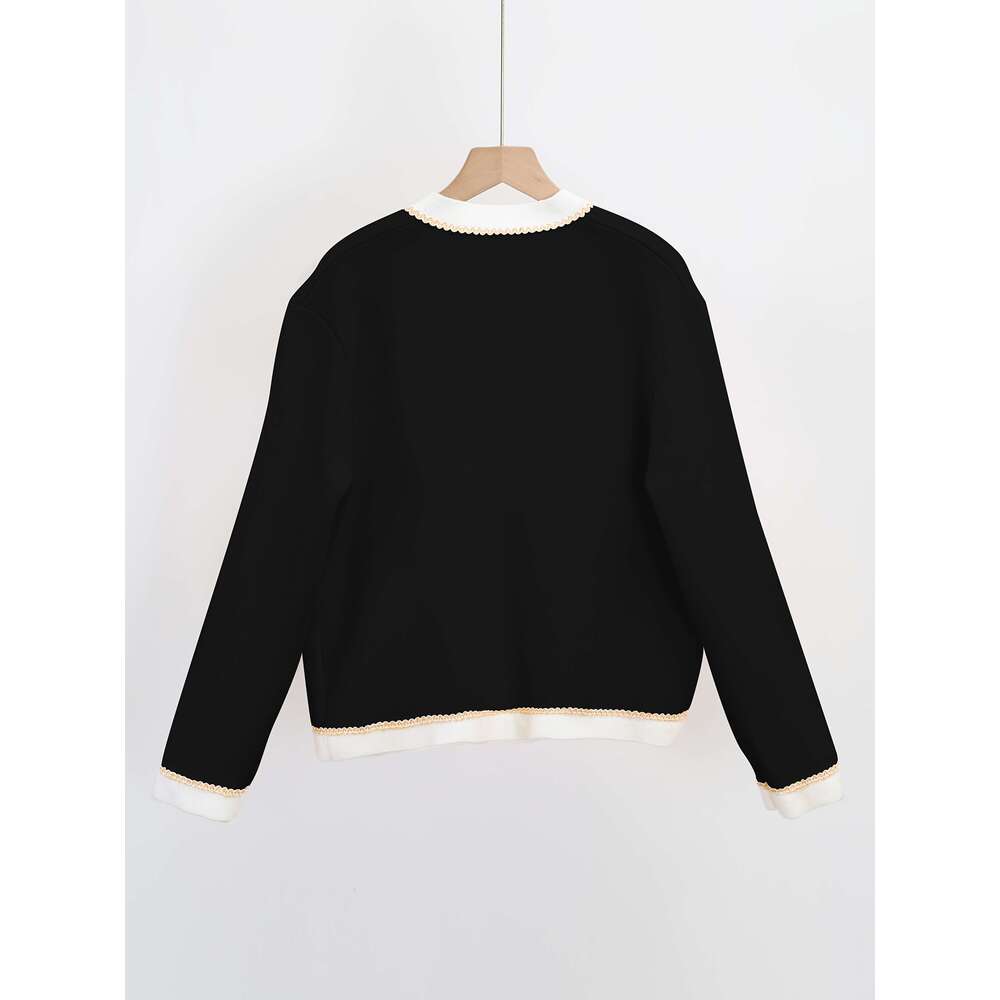 Women's Cardigan Pink Small Wind Round Neck Color-Block Cardigan Women's Fashion Versatile Autumn Top Jacket