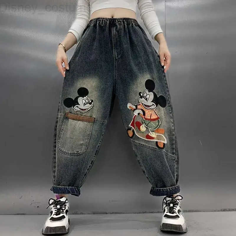 Disney Cartoon Mickey mens and womens new cute creative graphic print personality fashion loose and comfortable retro jeans H251027