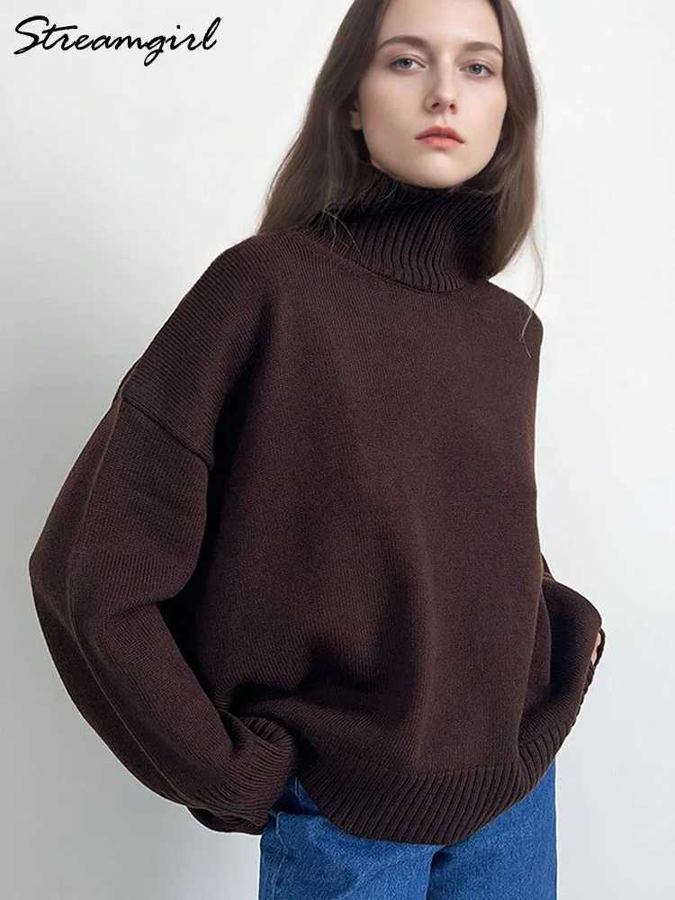Brown Turtleneck Sweater Women Pullovers Autumn Oversized Butter Yellow Sweaters Thick Turtle Neck Knit Baggy Sweater For LadiesT251027