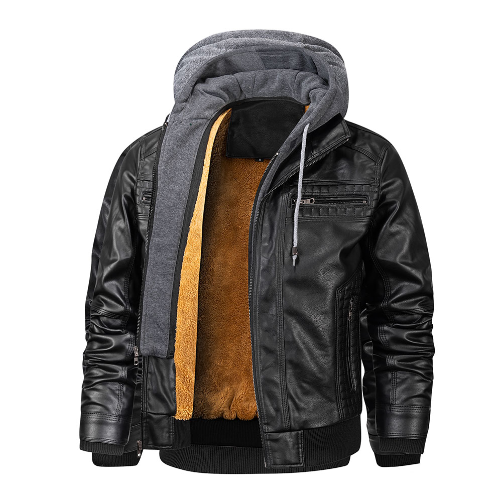 Men's Hooded Leather Jacket Autumn and Winter Motorcycle Jackets Windproof Coldproof and Warm Men Coat Jackets