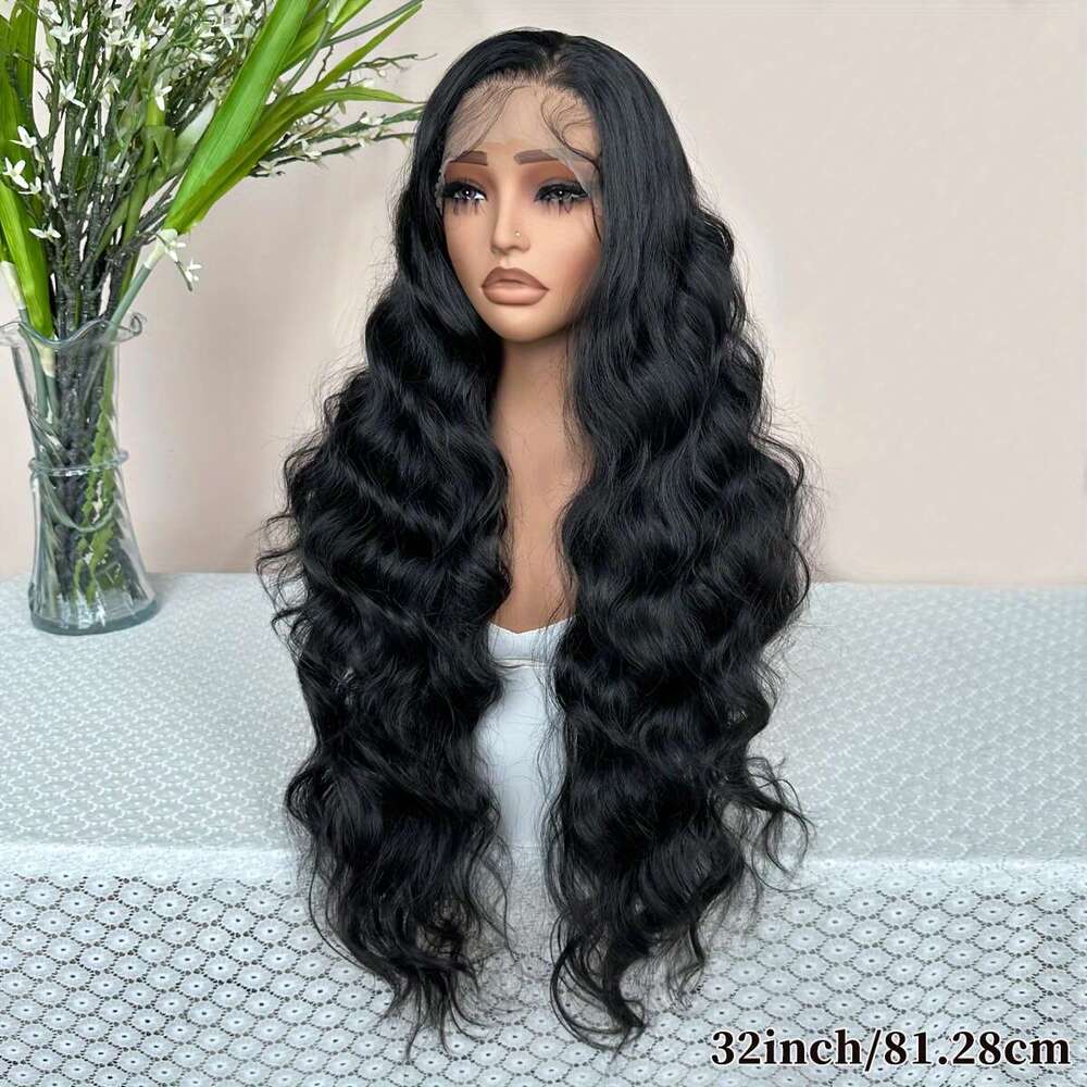 Daily Wear Elegant 32" Black Body Wave Lace Front Wig Women 13X6 Transparent, Adhesive Synthetic Hair With Loose Waves, Perfect