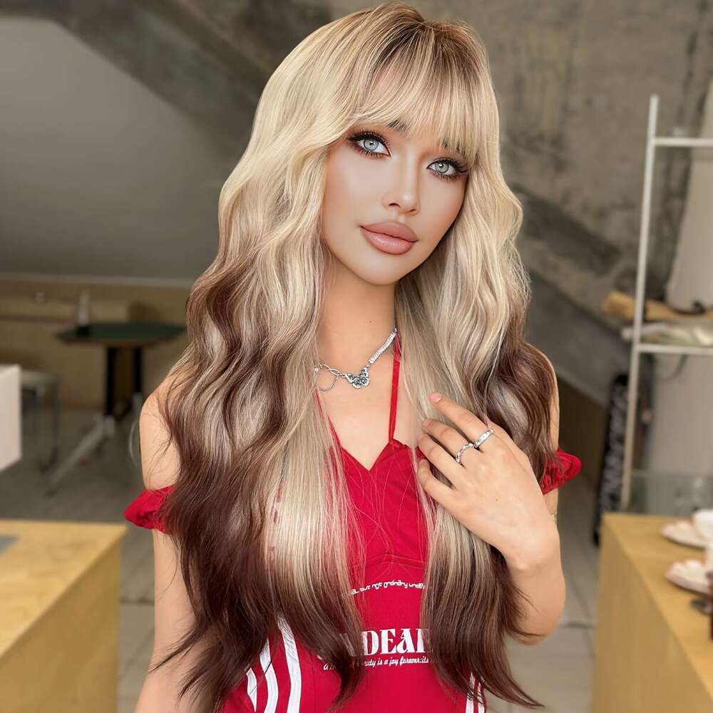 7Jhh WIGS Women's Long /Korean Style Water Wave Ombre Blonde/Brown Wig - Heat Resistant Synthetic Hair With Dark Roots, High Density Layered 26.3