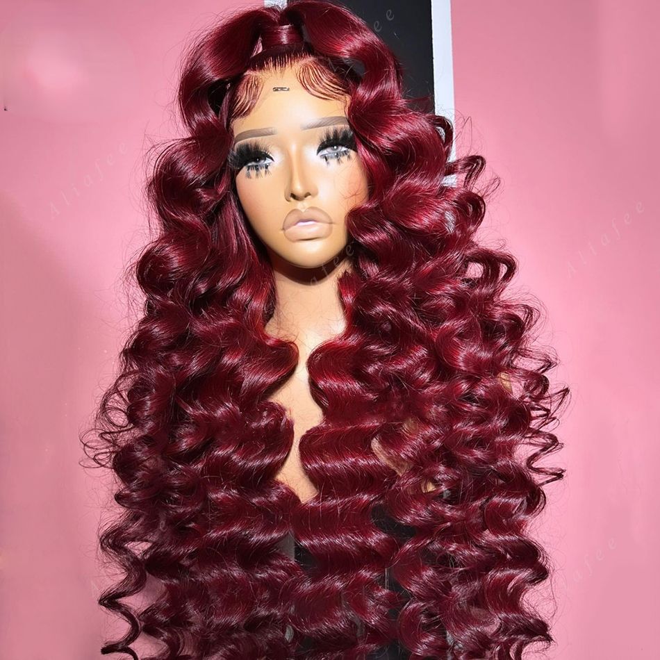 Brazilian Burgundy Red Colored Deep Wave Lace Frontal Wig HD Transparent lace front Wig Human Hair For Women Synthetic Lace Closure Wig