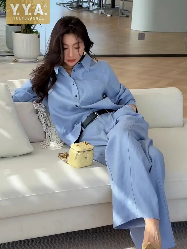 Summer Women Long Sleeve Shirt Wide Leg Pants Two Piece Set Office Lady Cotton Linen Work Outfits Comfortable Matching Suit Sets 251027
