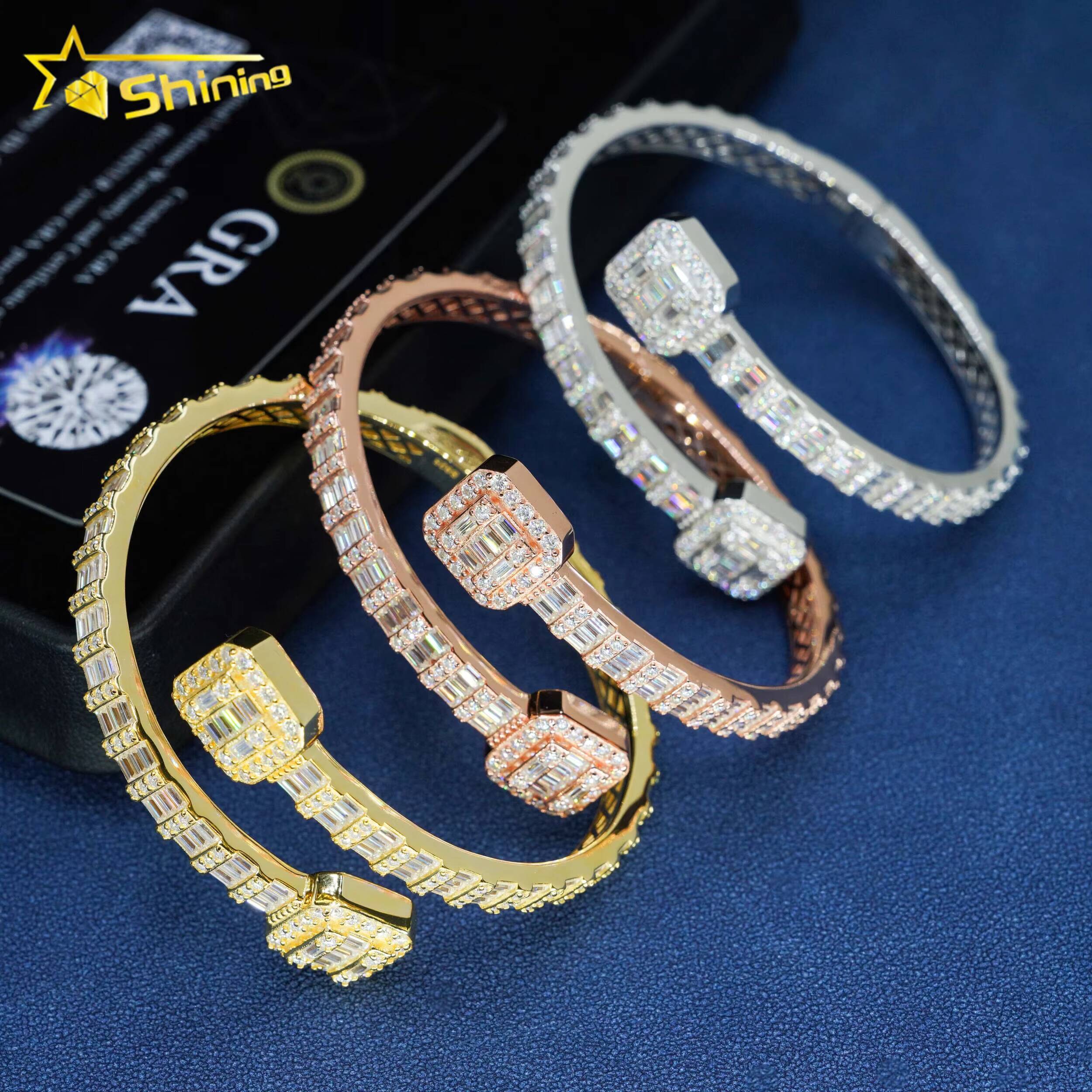 Ready to Ship Factory Wholesale Solid S925 Gold Plated Hip Hop Jewelry Classic Bracelet VVS Moissanite Bangles