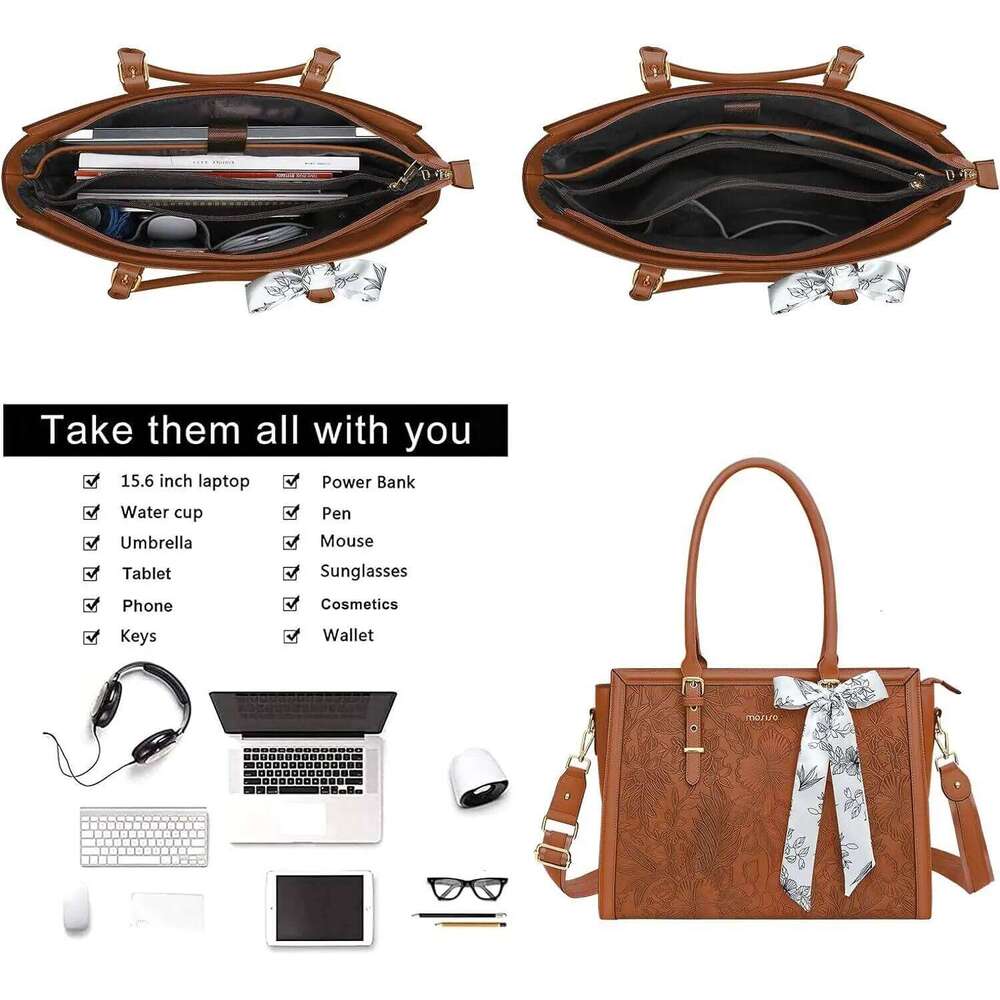 MOISISO 15.6 inch Women's Large Capacity Waterproof PU Leather Tote for Computer Laptop Shoulder Bag Bussiness Office