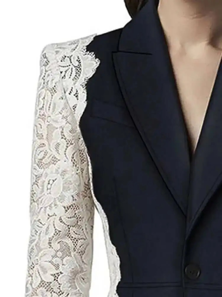 DEAT Fashion Womens Blazer Notched Lace Patchwork Long Sleeve Contrast Suit Jackets Female Spring 17A1298 251027