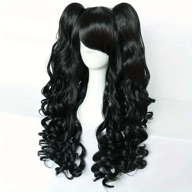 23.62Inch Long Black Anime Double Ponytail Wig With Clip-On - Wavy Hair For, Volume & Curly Wave Texture, One-Size-Fits-All For Halloween, Conventions