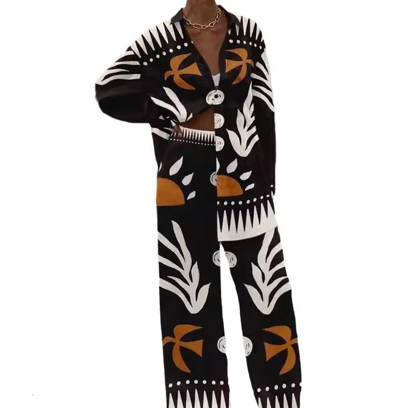 Womens Single Breasted Lapel Short Sleeve Top And Wide Leg Trousers Set Print Shirt Pants Suit Outfits 2 Pcs Sets 251013