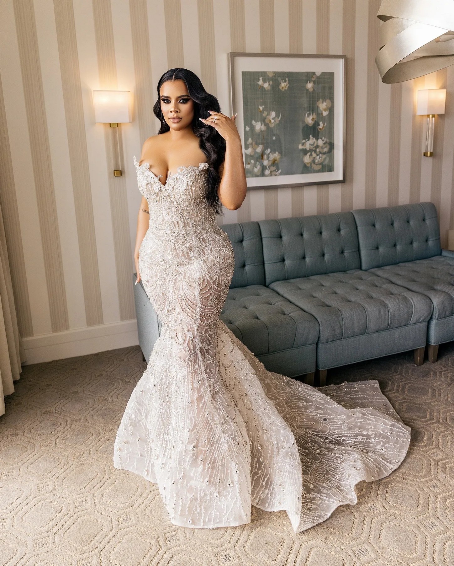 Plus Size Mermaid Wedding Dresses in Aso Ebi Arabic Style Ivory with Beaded Crystals and Detachable Train