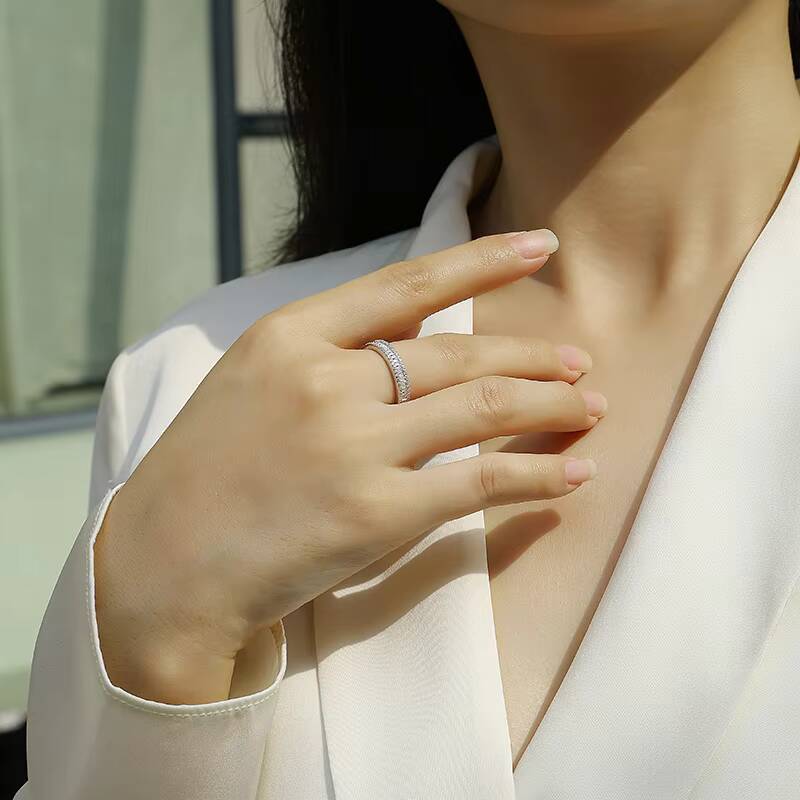 Factory Professional Jewelry 925 Sterling Silver Round Style Emerald Cut Moissanite White Gold Plated Half Eternity Band Rings