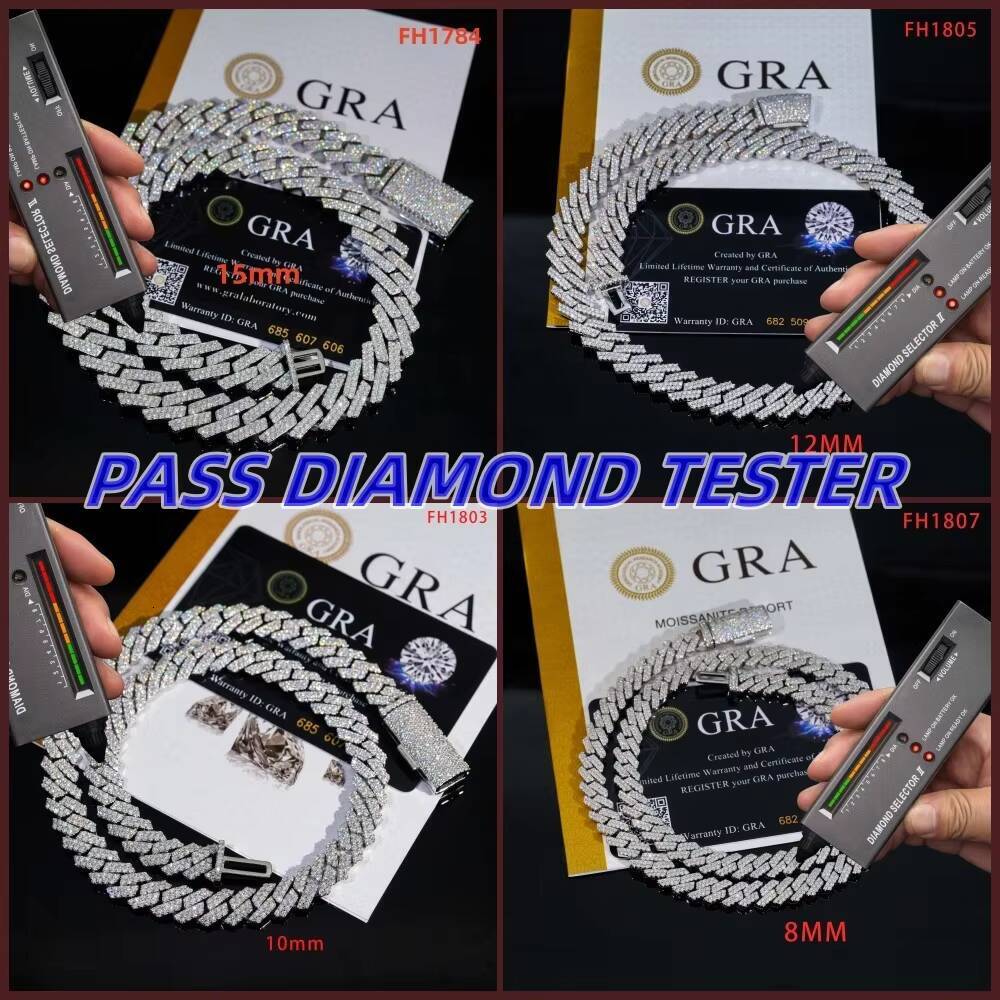 Iced Out Vvs Moissanite 2 Rows Miami Gold Cuban Chain Necklace 925 Sterling Silver Diamond Moissanite Cuban Link Chain