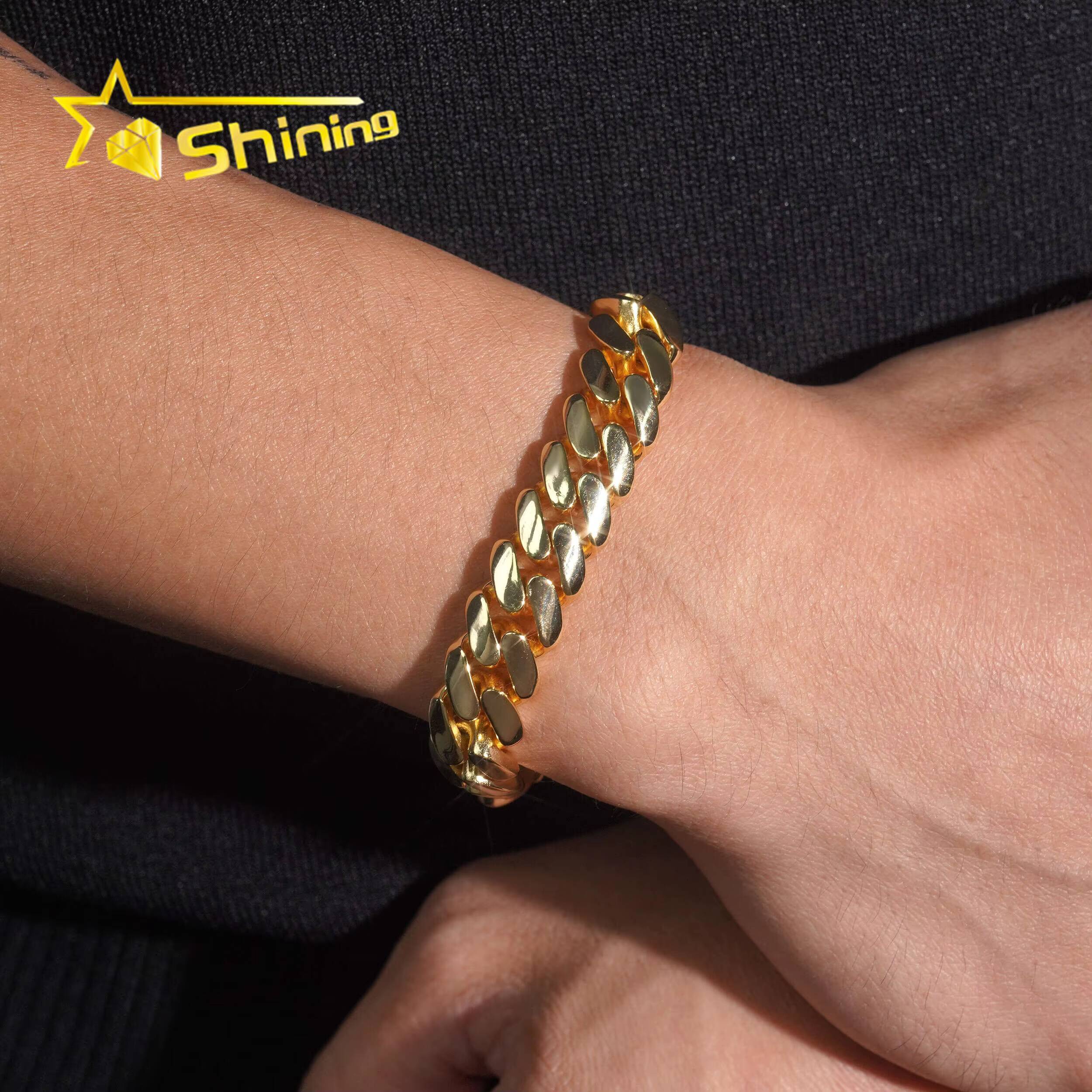 Hip Hop Jewelry Gold Plated 12mm Plain Cuban Bracelet with Moissanite Clasp Custom 925 Silver Bracelet for Men