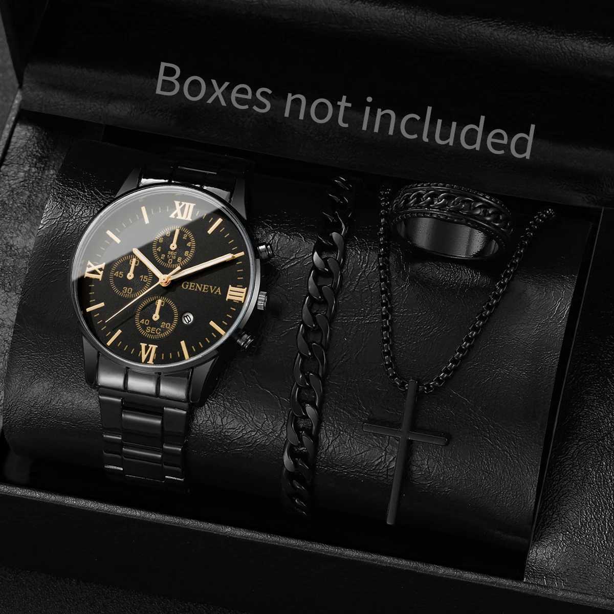 4PCSSet Luxury Men Business Watches Fashion Roma Dial Calendar Quartz Watch Jewelry Set Reloj HombreWithout BoxT251027