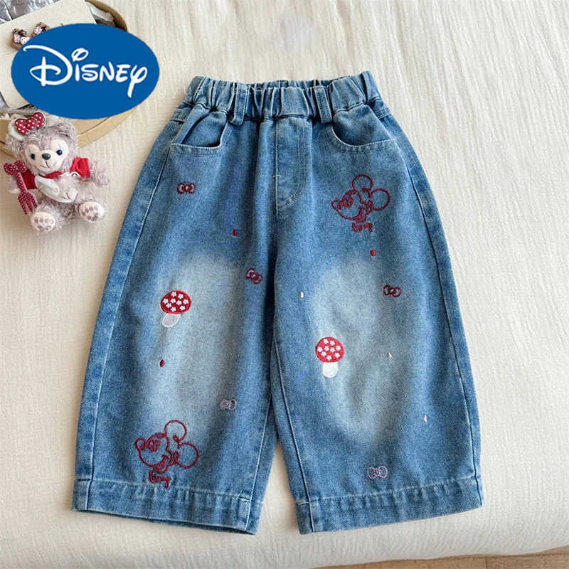 Disney Girls Jeans Cute Cartoon Embroidered Kids Wide Leg Pants Spring Autumn Patchwork Mickey Casual Childrens Trousers H251027