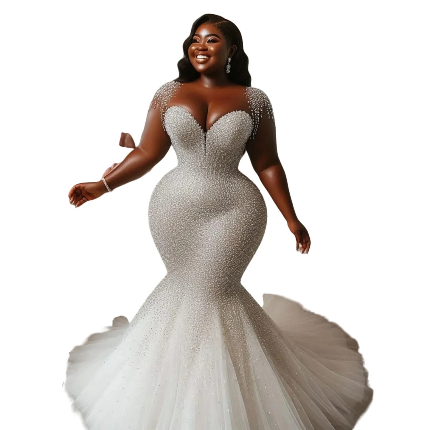 Plus Size Aso Ebi Wedding Dress in Ivory with Cap Sleeves Beaded Sequined Tulle and Sparkly Detail