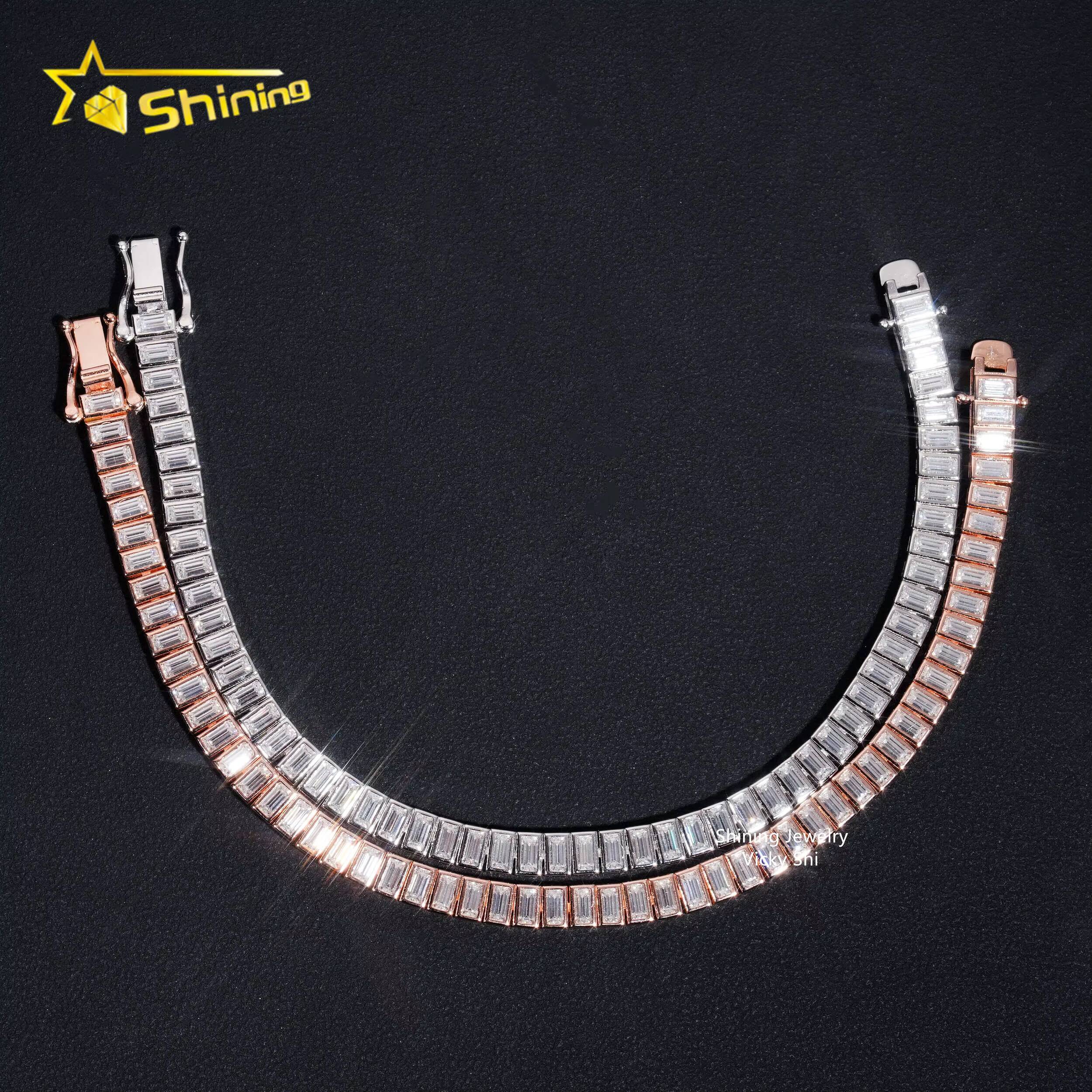 New Trendy Design Fine Jewelry Women Bracelet 925 Sterling Silver Bezel Emerald Cut Moissanite Tennis Chain Bracelet