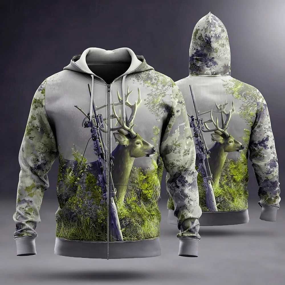 Camo Deer Hoodie Jacket Sweatshirt Fashion Daily Hooded Vacation Hunting Brown Green Drawstring Zipper Fall Winter Hoodie W251027