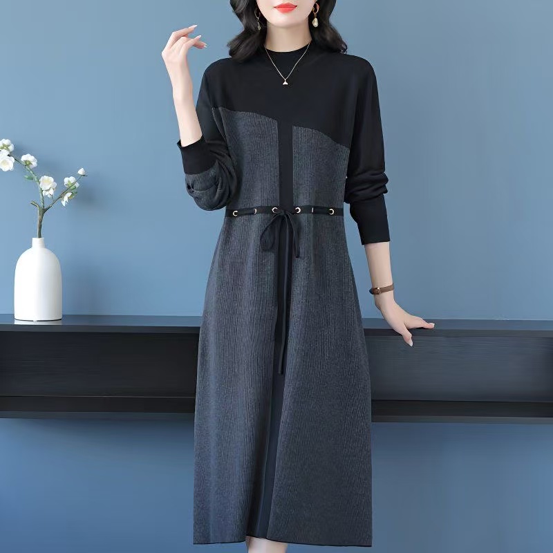 plus size women's new long sleeve high waist printed dress mid-length skirt D02407