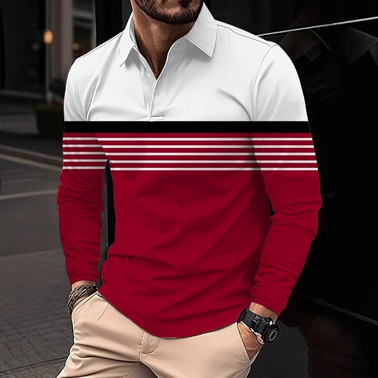 Breathable Thin Casual 25 Classic Men's 3D Digital Print Button Long Sleeve Polo Shirt Striped Basic Hong Kong Style Long Sleeve Top