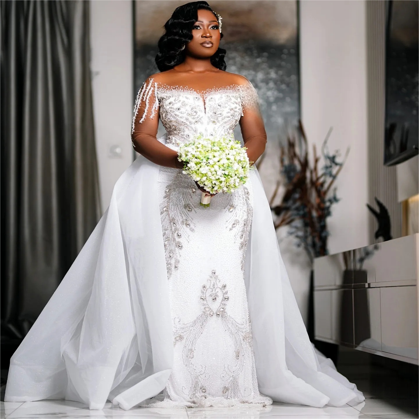 Arabic Aso Ebi Plus Size Wedding Dress in White with Beaded Crystals Sequined and Detachable Train Luxurious Style