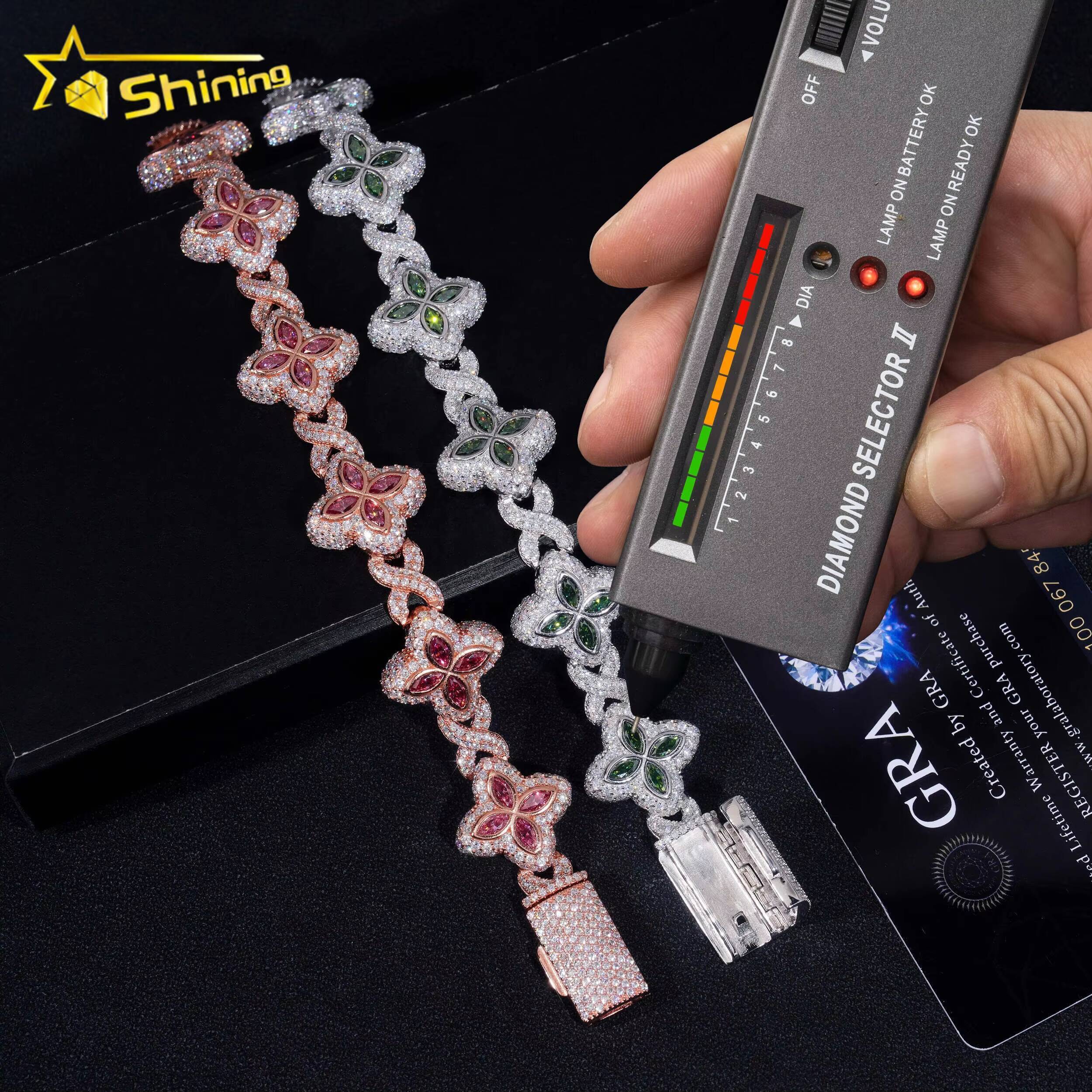 Shining Jewelry 2024 New Arrivals Fashion Jewelry 925 Sterling Silver Vvs Moissanite Diamond Four Leaf Clover Tennis Bracelet