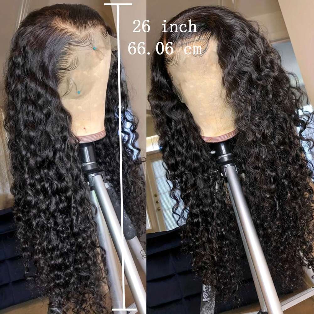 Black 200% Density Long Heat Resistant 13X4 Front Women - Pre-Plucked Hairline, 24 Inch Deep Water Wave Synthetic Lace Frontal With Transparent HD Lac