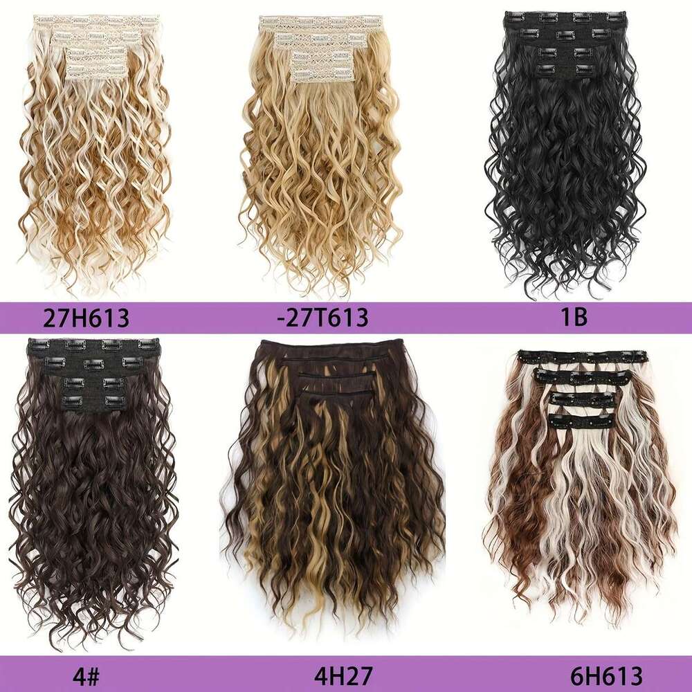 4Pcs Long Curly Waves 36Cm/14" Voluminous Black Wavy Texture Layered Ends, Natural Soft Extensions Women Heat Styling Friendly, Secure Clip-In Sy