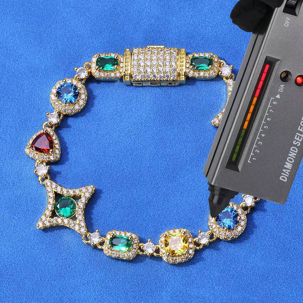 NUOYA New Arrival 925 Silver Geometry Link Bracelet Colorful Zircon Chain VVS Moissanite Womens Hip Hop Jewelry