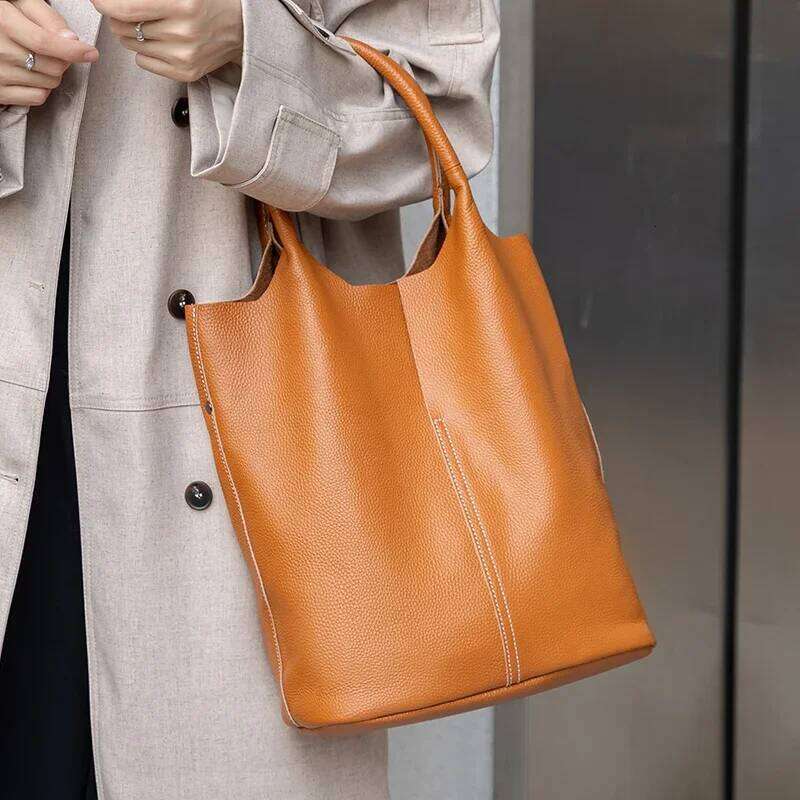 Women Bucket Female Casual Genuine Cow Leather Shoulder Bags Ladies Tote Handbags Cowhide Big Shopper Bag Lady