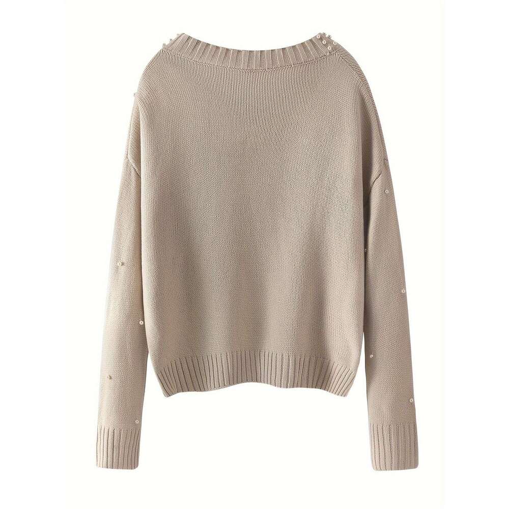Beaded Decor Long Sleeve Sweater, Elegant Solid Color Drop Shoulder V Neck Sweater For Winter & Fall, Women's Clothing