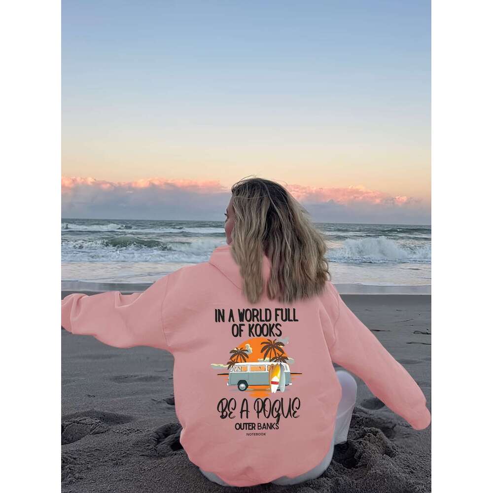 Outer Banks-Inspired Casual Hoodie For Women Alphabet Pattern Print, Personalized Emed Sweatshirt, Polyester Knit Fabric, Hooded, Long Sleeve, Fall/Wi