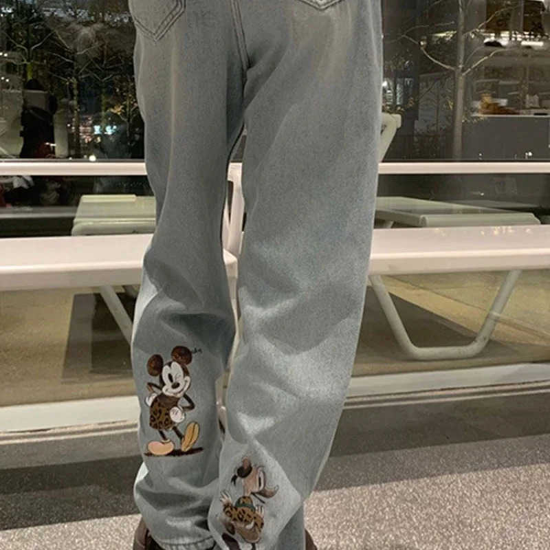 Disney Mickey girls cute spring and autumn soft comfortable fashion cartoon personality trend casual straight light blue jeans H251027