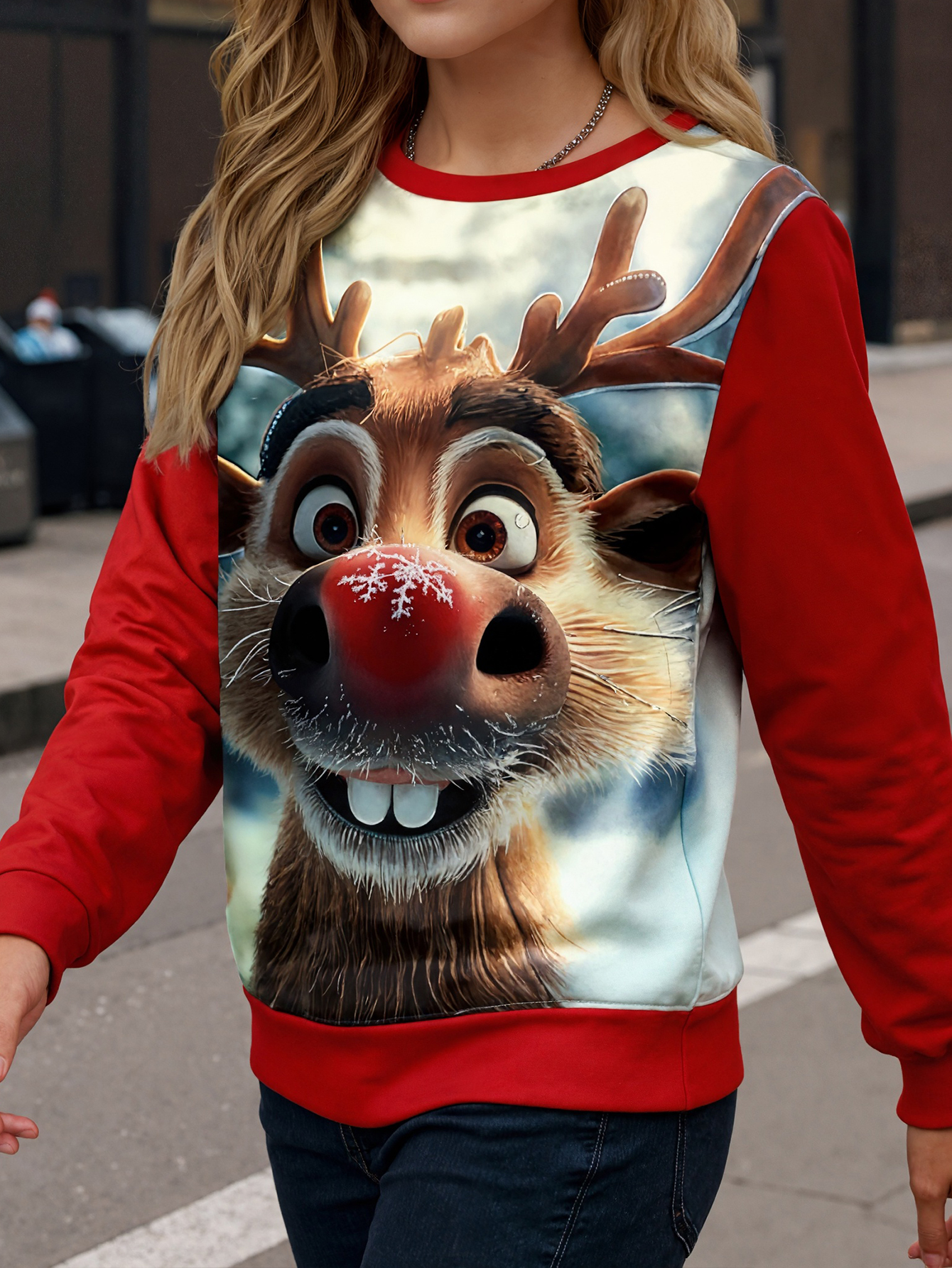 Christmas Cute Fashion Red-Nosed Reindeer Printed Women's Sweatshirt, Autumn Winter Red Party Casual Thin Long Sleeve Top, Milk Silk Sweatshirt, 