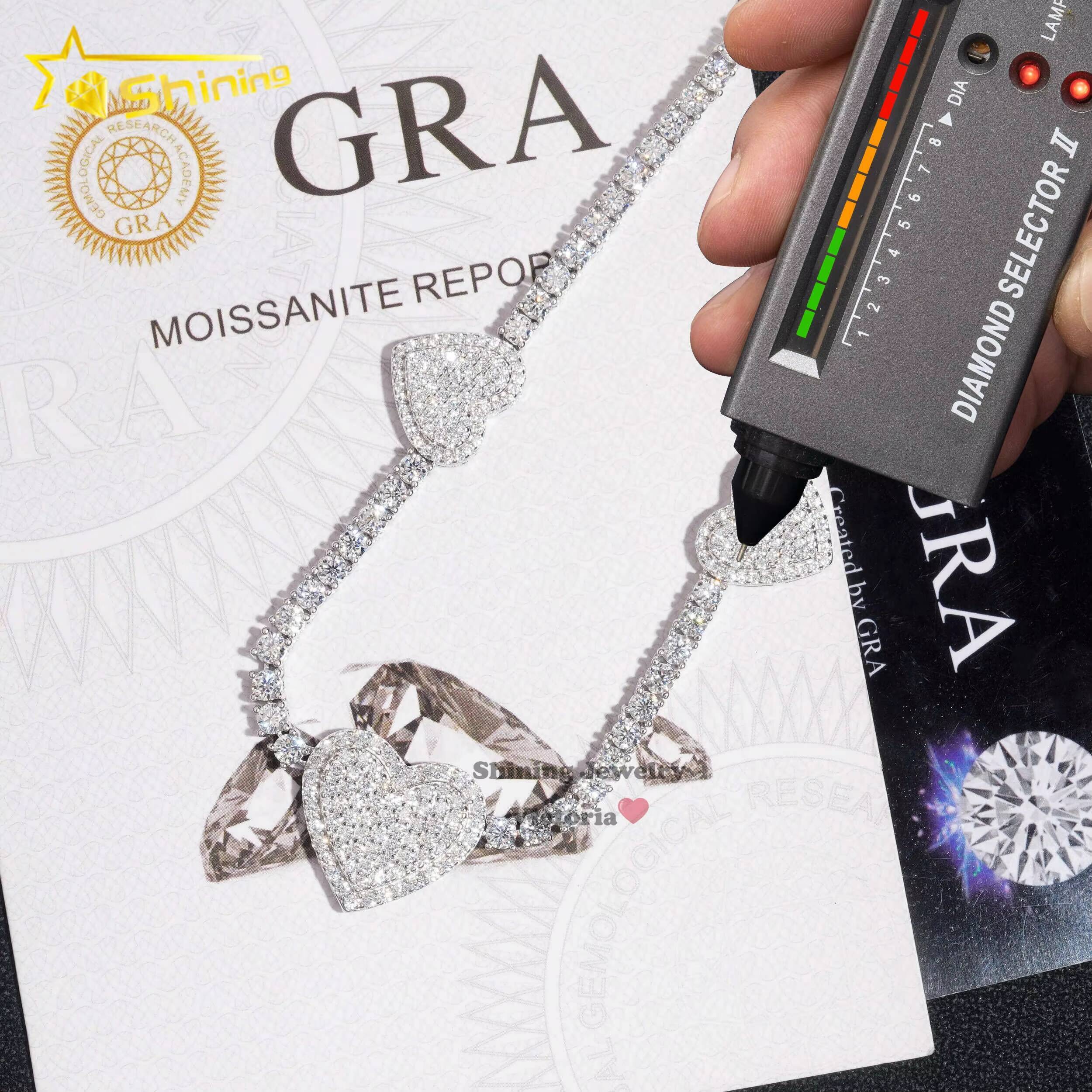 New Heart Collection Mens 3MM Gold Plated 925 Sterling Silver VVS Moissanite Diamond Iced Out Tennis Necklace Heart Pendant