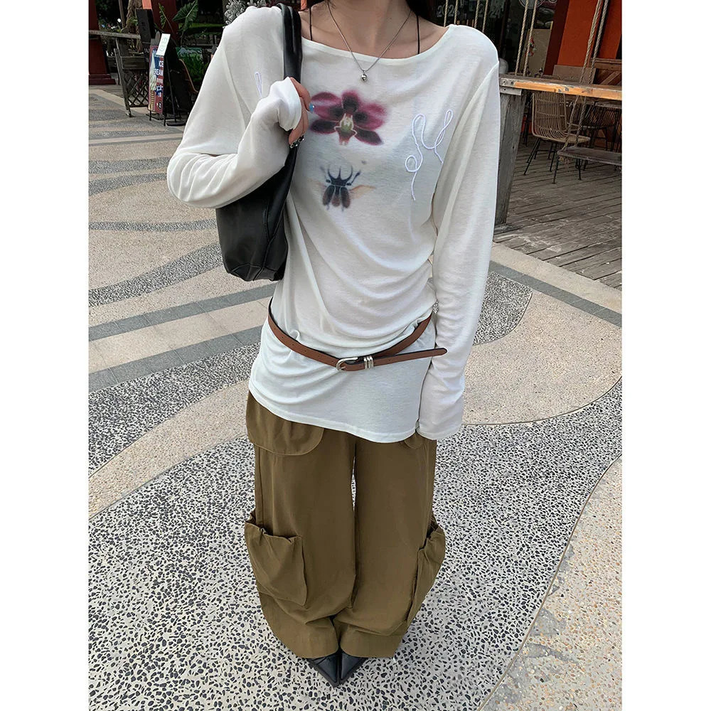 Onalippa Fashion Printed Lazy Style Off Shoulder Tshirt Slightly Transparent Round Neck Long Sleeved Base Top 2025 251027