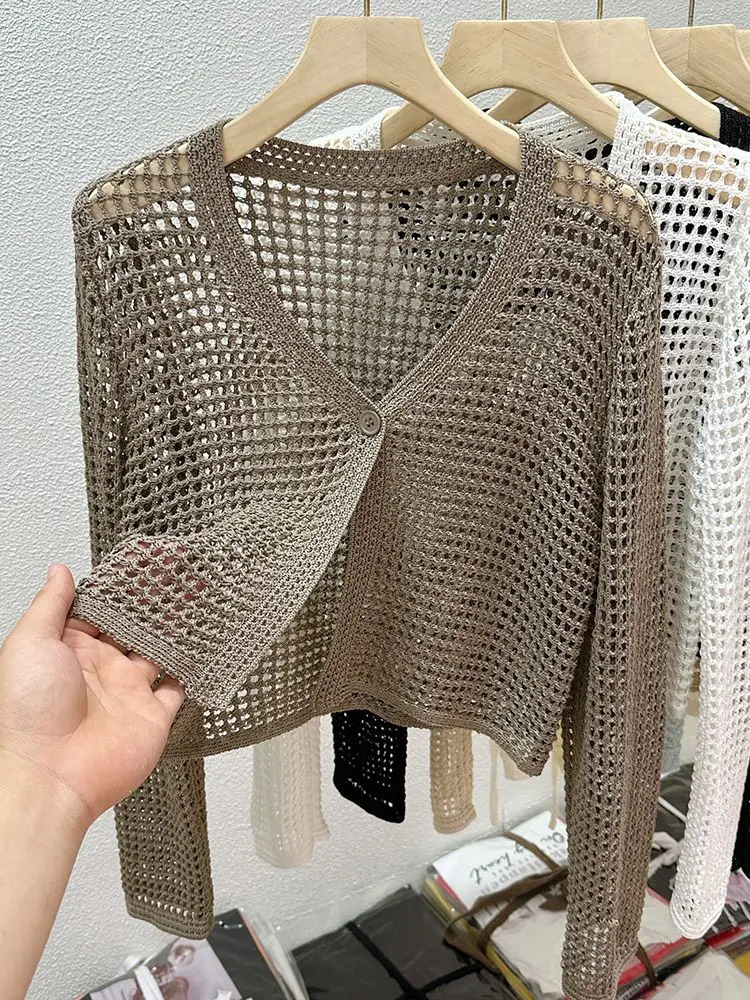 Hollow Mesh Ice Silk Sunscreen Jacket for Womens Summer Long Sleeved Outerwear with Small Shawl Knitted Cardigan 251027