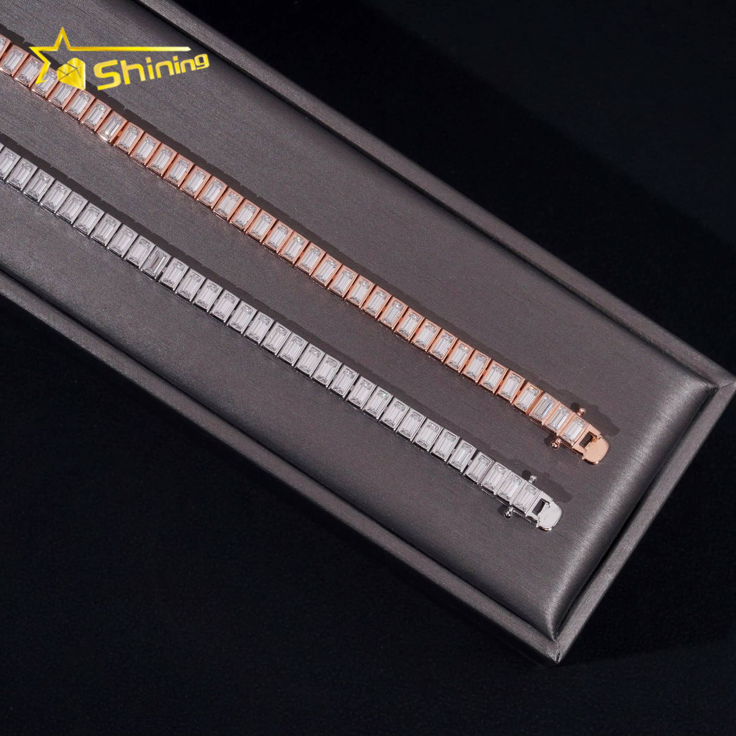 New Trendy Design Fine Jewelry Women Bracelet 925 Sterling Silver Bezel Emerald Cut Moissanite Tennis Chain Bracelet